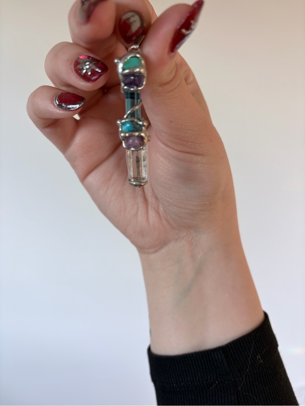 Vintage Multicolor Crystal & Turquoise Silver Pendant Necklace